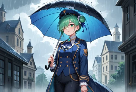 score_9, score_8_up, score_7_up,source_anime,
1girl, grey-green hair, grey-green eyes, side bun, navy blue coat, navy blue waistcoat, white lace ascot, blue brooch, black pants, cuffs, grey rose pattern, large black boater hat, light blue hat ribbon, one eye covered
holding umbrella, black umbrella
rain, storm clouds, crumbling buildings