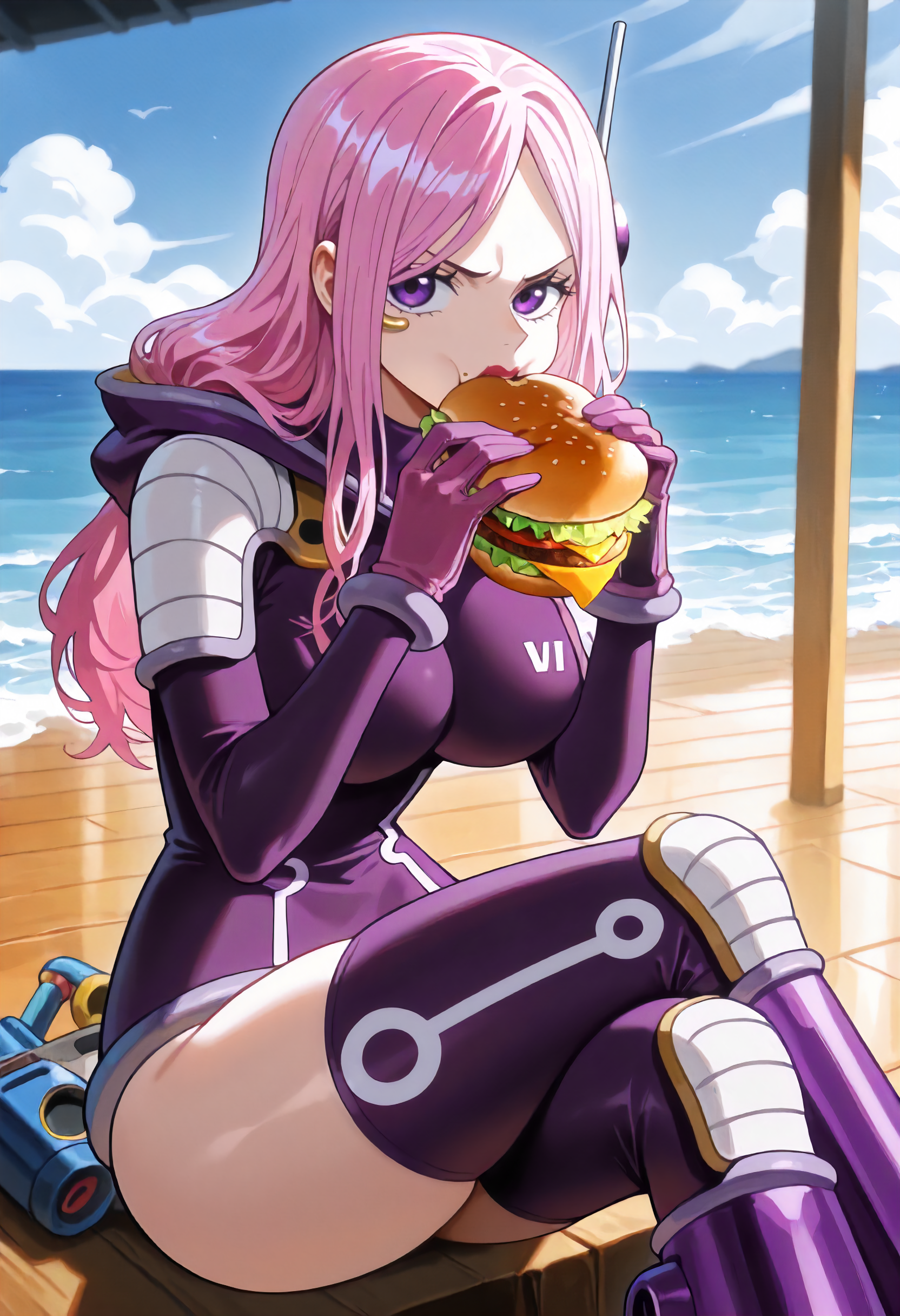 masterpiece, best quality, amazing quality, very aesthetic, absurdres, newest, scenery, volumetric lighting, ultra detailed, anime
1girl, Bonney_EH, solo, pink hair, long hair, cheekbone piercing, middle lipstick, purple eyes, 
purple bodysuit, single headphone, pink gloves, hood, belt, thigh cut, purple thigh highs, egghead shoes,
sitting, crossed legs, eating burger, burger on hand, mouth full, looking at viewer,
outdoors, wooden floor, clouds, sky, ocean, detailed background, beautiful frame,
<lora:Bonnie_-_One_Piece_-_Illustrious:1>
masterpiece, best quality, amazing quality, very aesthetic, absurdres, newest, scenery, volumetric lighting, ultra detailed,