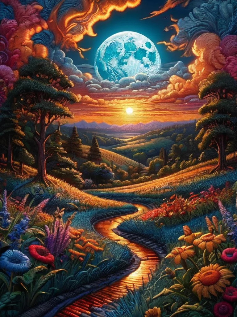 art by Phil Koch, Meghan Howland bluemoon Digital Illustration of a summerscape sunset luminism, ultra highly detailed, 32 k, Fantastic Realism complex background, dynamic lighting, lights, digital painting, intricated pose, highly detailed intricated <lora:ral-embroideredpatch:1> ral-embroideredpatch