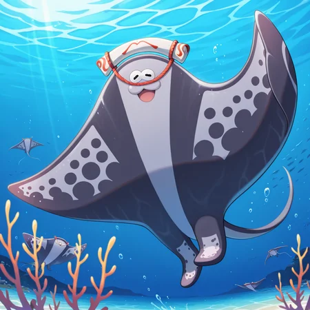 masterpiece, best quality, newest, absurdres, highres, safe, <lora:Big_Man_Splatoon_-_IL:0.80> big man, manta ray, dark grey and light grey body, fins, headwear, cute face, :3, swimming in the ocean, swimming, underwater background, looking at viewer, detailed background, (((shaded))), ((detailed)), ((vibrant)), <lora:NOOB_EPSv1_1_detailer_by_vlnvk_v1_0:1>