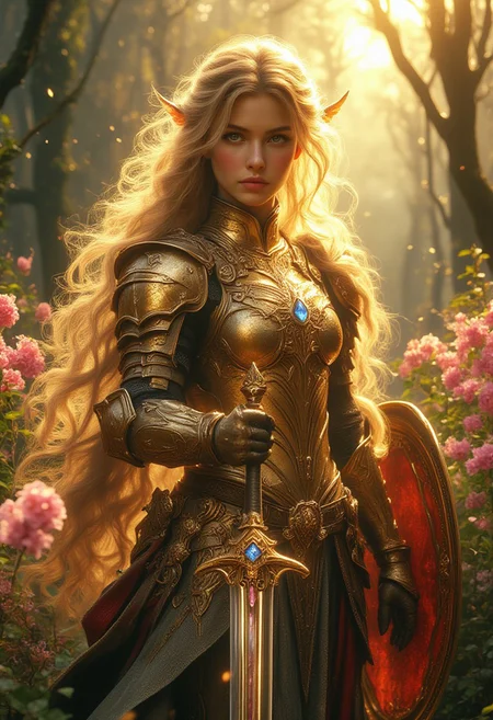 A majestic warrior princess, forged in ancient battles, with blonde hair and light green eyes, stands amidst a blooming forest at dusk. The setting sun's rays illuminate her golden armor, adorned with precious gems, red, and light blue details, as she holds a diamond and gold shield in her left hand and wields a sword in her right, its blade shimmering with pure magic. Her piercing gaze completes this breathtaking scene.
