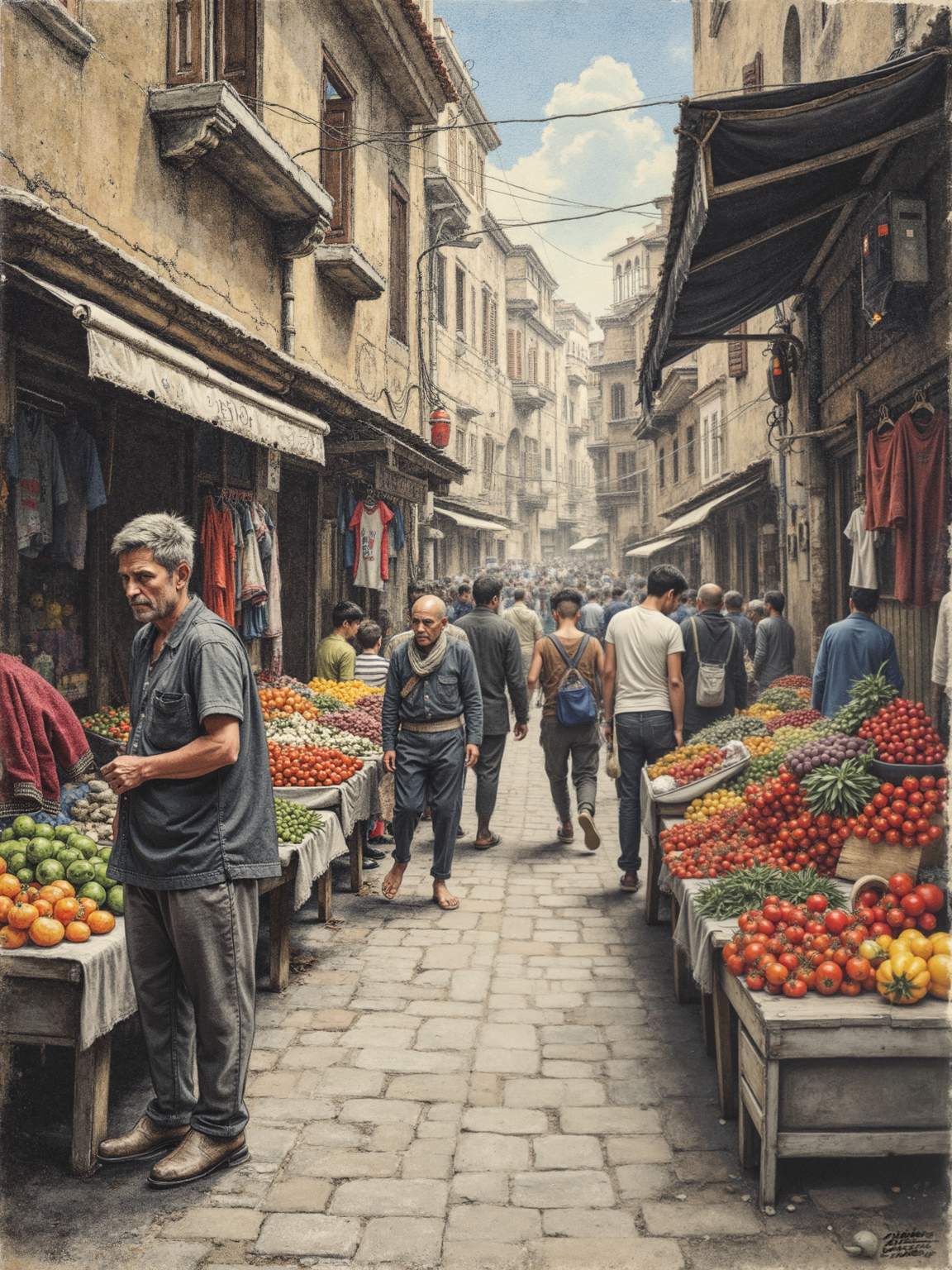 Highly detailed charcoal pencil drawing. A lively marketplace filled with a variety of stalls, where vendors sell colorful fruits, vegetables, and textiles. The energy is captured through dynamic figures and expressive gestures, with intricate shading emphasizing the bustling crowd and the rich textures of the goods on display, creating a vivid sense of movement and life. chrclCE_style<lora:Flux\Illustration\Charcoal01d_CE_FLUX_AIT5k.safetensors:0.8:0.8>