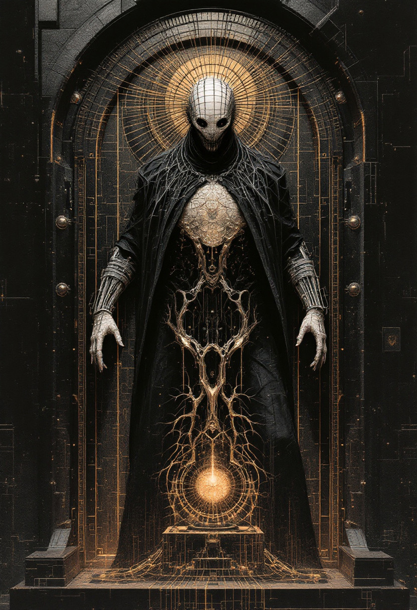 Clive Barker's puzzle box phantasm. Hellraiser's dimensional doorkeeper. Cenobite summoner, H.R. Giger biomechanical style, intricate pain aesthetics, by Dave McKean