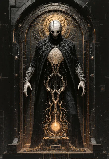 Clive Barker's puzzle box phantasm. Hellraiser's dimensional doorkeeper. Cenobite summoner, H.R. Giger biomechanical style, intricate pain aesthetics, by Dave McKean