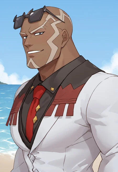 safe_pos, safe_pos, score_9, score_8_up, score_7_up, rating_nsfw, ultra hd, absurdres, solo, 1boy, masterpiece, best quality, best aesthetic, Expressiveh, wolfconf,

PokemonSawyer, bald with blonde features, facial hair, dark skin, black sunglasses, red necktie, white suit, bara, (portrait), looking at viewer, beach background, ocean, sun