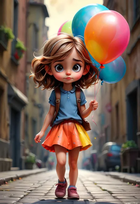 the perfect cutest possible charming cartoon little girl with a balloon, ultra hd, realistic, vivid colors, highly detailed, UHD drawing, pen and ink, perfect composition, beautiful detailed intricate insanely detailed octane render trending on artstation, 8k artistic photography, photorealistic concept art, soft natural volumetric cinematic perfect light