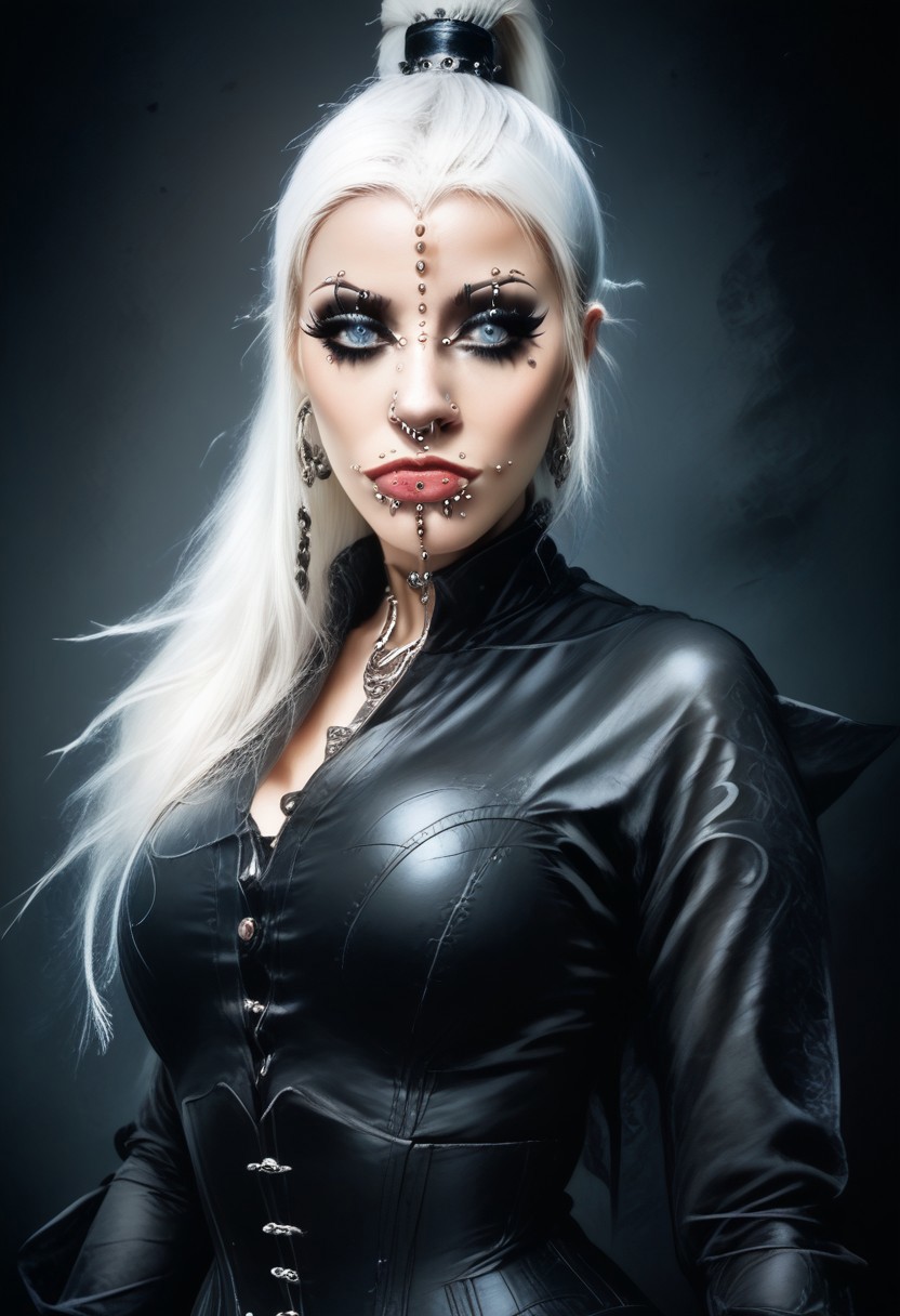 score_9, score_8_up, score_7_up, rating_safe, concept art, realistic, dark theme, low light, dvr-gs, Fixhand.
1girl, solo, Lush white hair, blue eyes. Sexy makeup.
(Big breast:1.2), (Round breast:1.2).
((ExtrFacePiercing:1.8)).
(latexHood), ponytailHair.