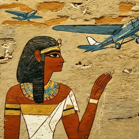<lora:Ancient_Egypt_Painting_Style:1> ancientegypt, old egyptian wall painting of a woman looking at an airplane, ancient, 2d, perfect composition, masterpiece