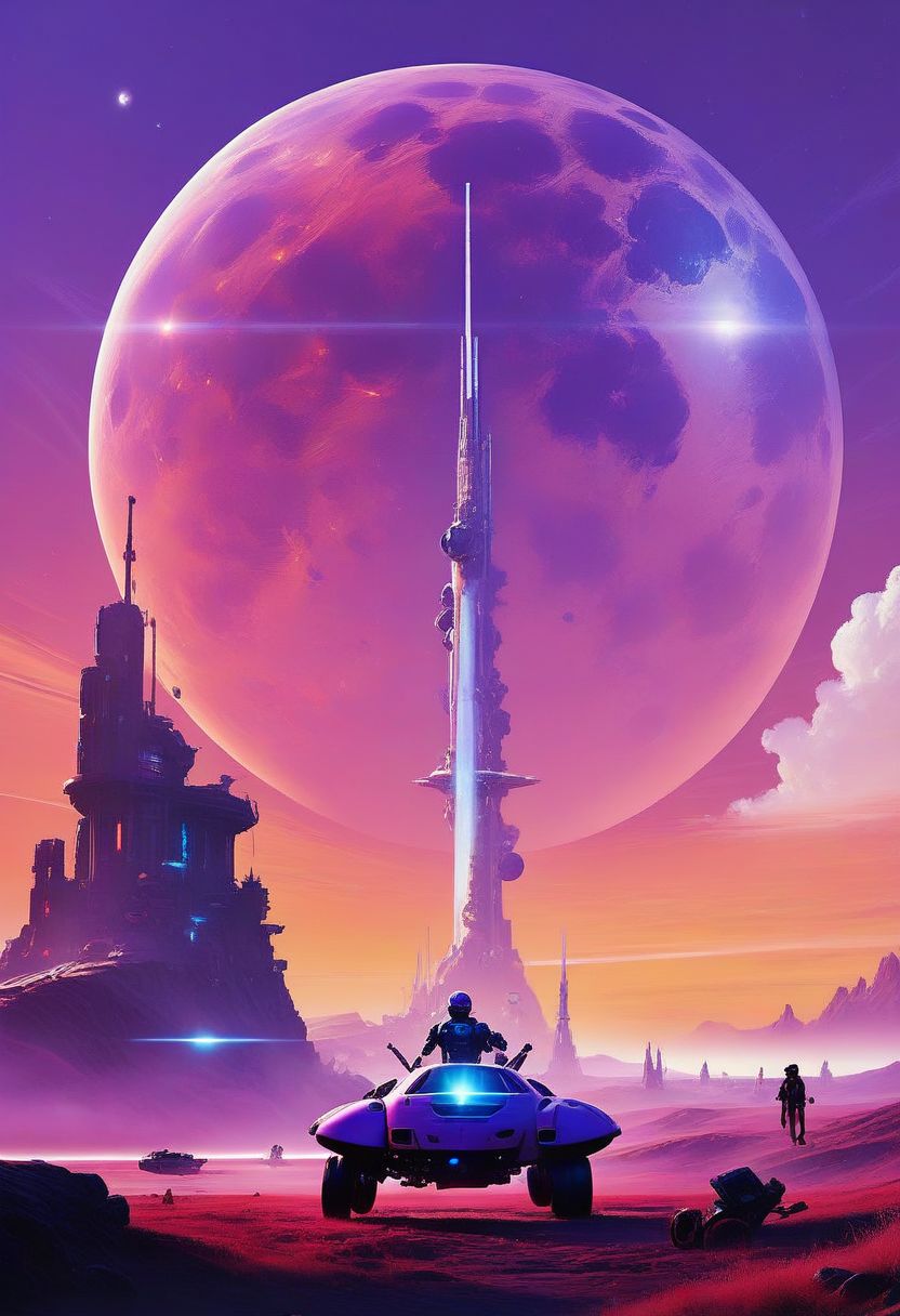 score_9, score_8_up, score_8, zPDXL, 
BREAK,
scifi, minimalist, cinematic, movie poster, cold colors, purple theme, 1boy, standing, weapon, outdoors, sky, cloud, gun, moon, helmet, robot, ground vehicle, motor vehicle, multiple planets, planet, spacecraft,