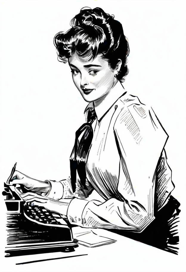 black ink drawing of attractive flirtatious secretary typing,  three quarter profile, expressive composition, shirtwaist, monochrome, line art illustration by g1bs0n  <lora:Gibson_XL:1>