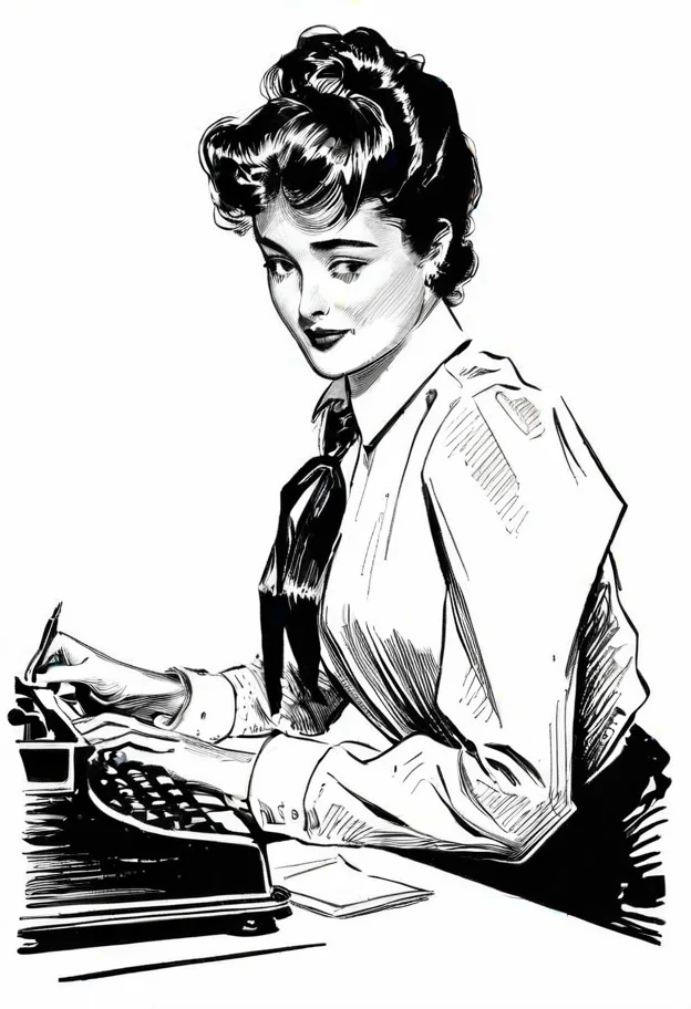 black ink drawing of attractive flirtatious secretary typing, three quarter profile, expressive composition, shirtwaist, monochrome, line art illustration by g1bs0n <lora:Gibson_XL:1>