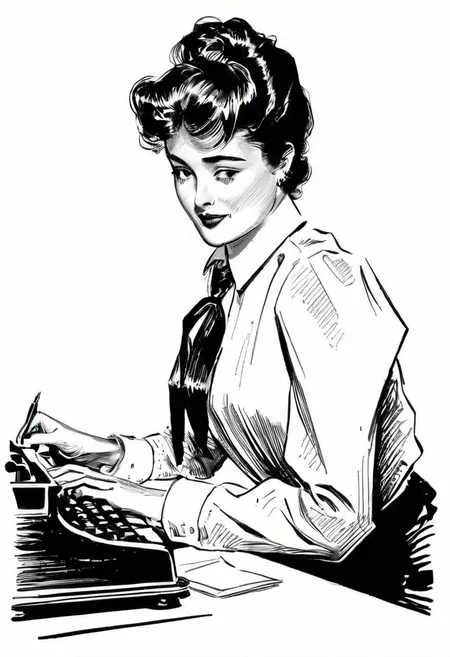 black ink drawing of attractive flirtatious secretary typing,  three quarter profile, expressive composition, shirtwaist, monochrome, line art illustration by g1bs0n  <lora:Gibson_XL:1>