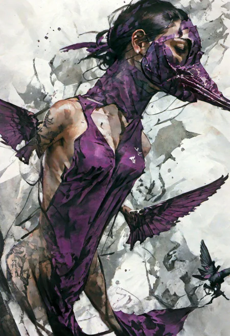 style inspiration Art by Jim Mahfood, Henry Asensio, Vector Create a tattoo with an exquisite ink design on white paper that makes the perfect multi-exposure piece of art. This piece was designed to combine the dimensional hue of purple hibiscus with the hyper-realistic style of a hummingbird. Tattoo, Minimal Solid Letterhead, Dark Fantasy, Poster, Photography, Painting. Vivid, Fashion, Wildlife Photography, Concept Art,