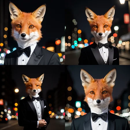 RAW photo, absurdres, high quality, photorealistic, detailed, realistic,
a portrait of a fox wearing a (tuxedo:1.2),
outdoors, street lights, night, harsh lighting, magical photography, dramatic lighting, photo realism, ultra-detailed, 35mm, f/2.8, 8k uhd, dslr, film grain