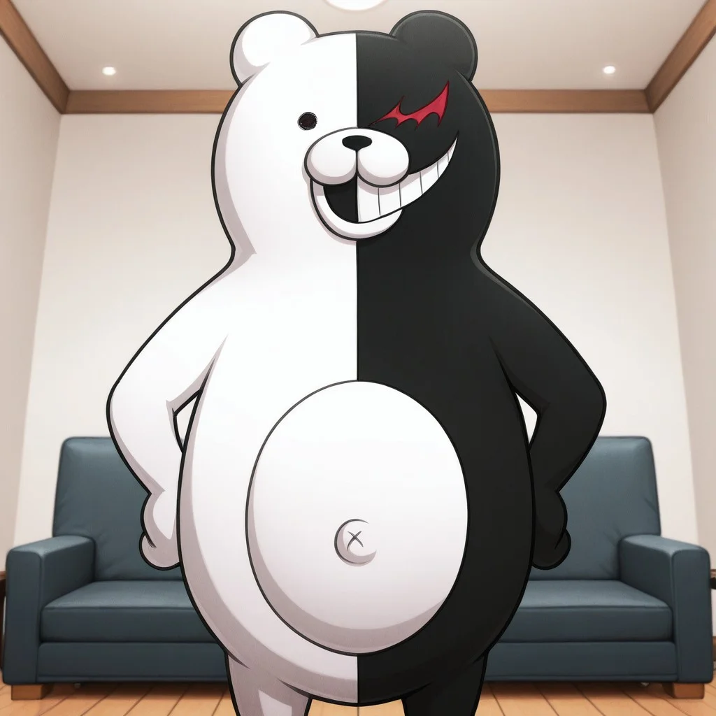masterpiece, best quality, amazing quality, monokuma, male, furry male, anthro, solo, bear, white fur, black fur, two-tone fur, round ears, black eye, red eye, black nose, teeth, belly button, bear tail, standing, hands on hips, indoors, living room