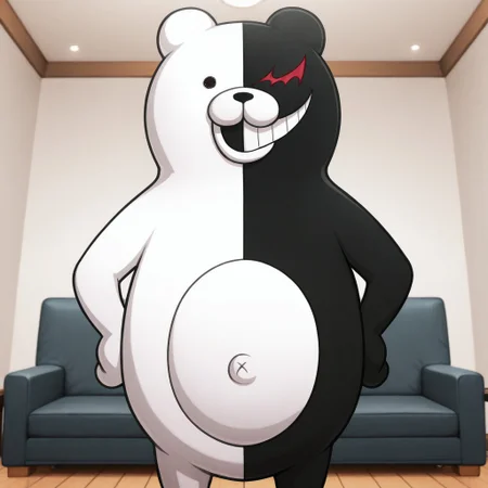 masterpiece, best quality, amazing quality, monokuma, male, furry male, anthro, solo, bear, white fur, black fur, two-tone fur, round ears, black eye, red eye, black nose, teeth, belly button, bear tail, standing, hands on hips, indoors, living room
