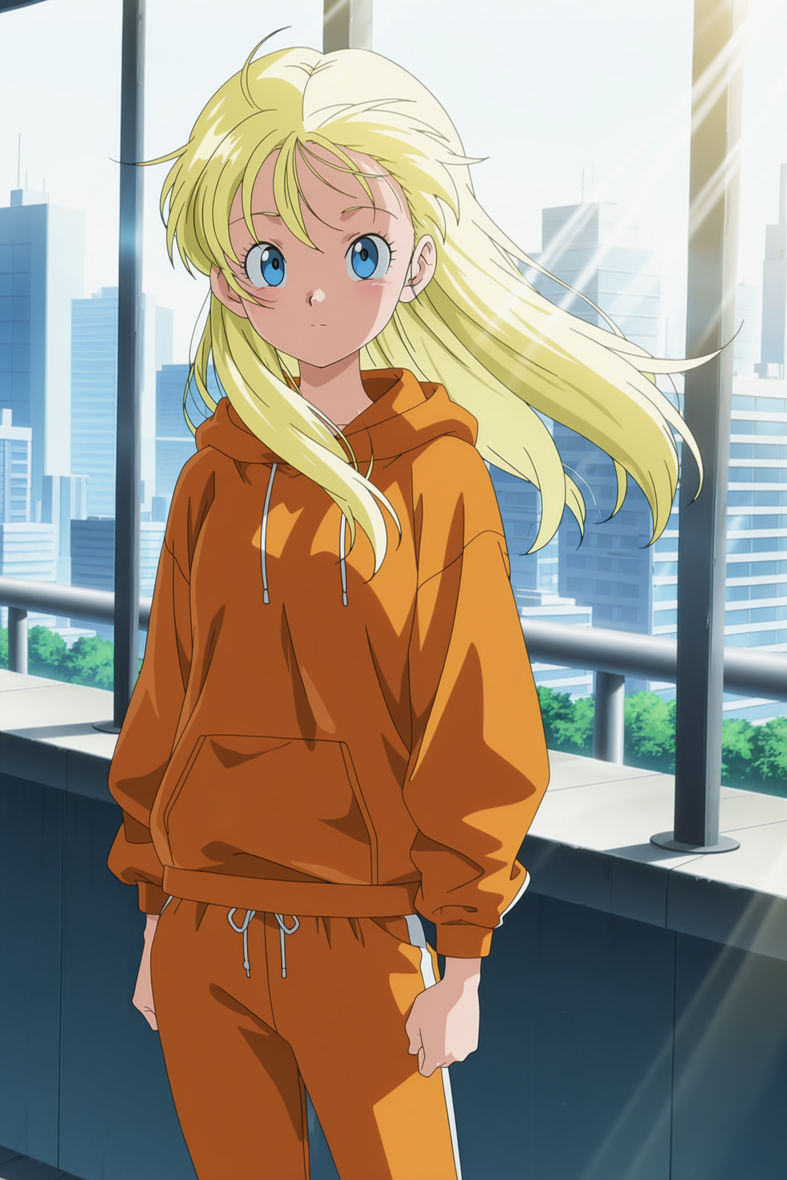 anime screencap, masterpiece, best quality, amazing quality, very aesthetic, absurdres,  newest, (scenery, volumetric lighting),
official style, 1girl, solo, 
marron, blue eyes, blonde hair, hair down, long hair, wind lift, 
orange sweatpants, orange hoodie, cowboy shot, looking at viewer, cityscape, dutch angle, 
dappled sunlight, light rays, 
 <lora:Marron_IL:0.8>
