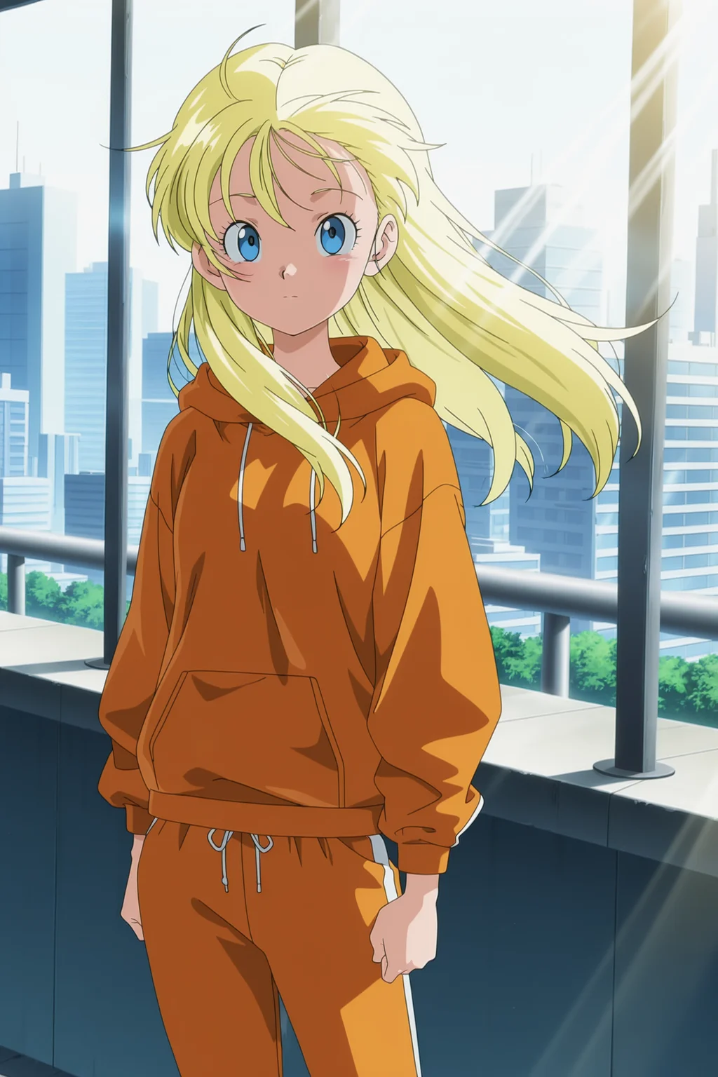 anime screencap, masterpiece, best quality, amazing quality, very aesthetic, absurdres,  newest, (scenery, volumetric lighting),
official style, 1girl, solo, 
marron, blue eyes, blonde hair, hair down, long hair, wind lift, 
orange sweatpants, orange hoodie, cowboy shot, looking at viewer, cityscape, dutch angle, 
dappled sunlight, light rays, 
 <lora:Marron_IL:0.8>