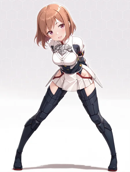 masterpiece,best quality,newest,
1girl,solo,
<lora:shiina_ilxl_v2.7:1>,shiina,short hair,brown hair,purple eyes,
futumushi,gloves,armor,white skirt,hip vent,black footwear,
<lora:Fixhands_anime_bdsqlsz_V1:1>,face_focus,looking_at_viewer,full body,honeycomb_background,head tilt,open_stance,standing,:d,arms_behind_back,leaning_forward,light_blush,white_background,