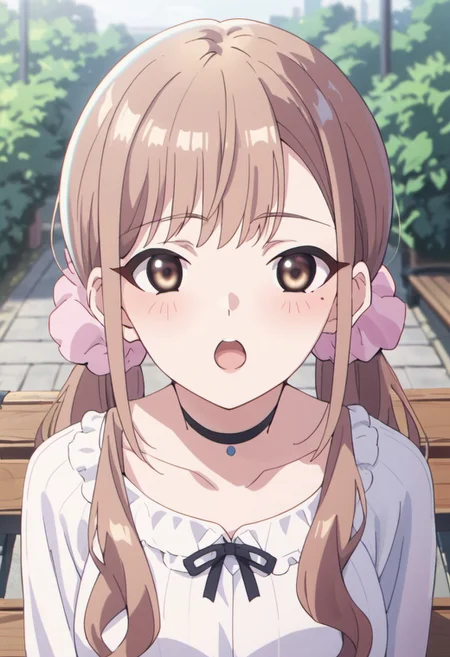score_9, score_8_up, score_7_up, source_anime,  jinguji naori, brown hair, long hair, brown eyes, 1girl, solo, looking at viewer, blush, open mouth, scrunchie, choker, bench, hair ornament, mole, outdoors, collarbone