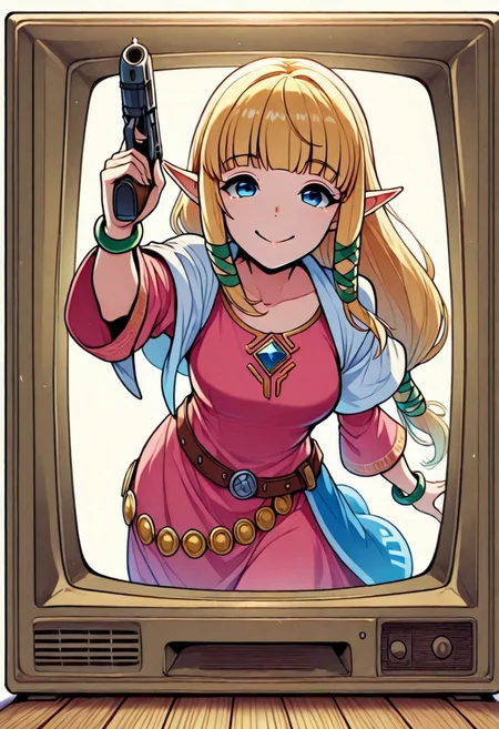 masterpiece,best quality, 2D, 1girl, solo, zeldssn11, blonde hair, hair tubes, hair ribbon, low-tied long hair, blunt bangs, blue eyes, pointy ears, brown belt, pink dress, green bracelets, white capelet, blue waist cape, medallions, scr33n, screen, emerging, emerging from television screen, big smile, holding gun