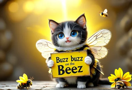 photorealistic, aidmaImageUpgrader,
a cute kitten with black fur, kitten is wearing a bee costume with bee wings,(((bees holding a sign that says "Buzz Buzz"))), sign thay says "Buzz Buzz", smile, yellow lightning, blue lightning
1cat
highly detailed, aesthetic, great lighting, extremely detailed, award winning, perfect composition, a rich and complex image of nature, a vibrant tissue of hues and textures captured digitally, best quality, realistic, captivating, intricately detailed, hyper detailed, maximalist style, photorealist, sharp focus, dynamic lighting, superb composition, finest details, highest aesthetics, best quality, sharp focus, high contrast, stylized, clear, colorful, ultra quality, 8k, best quality, masterpiece,midjourneyv6.1
AP, no humans, animal focus, cat ,looking at viewer, animal,