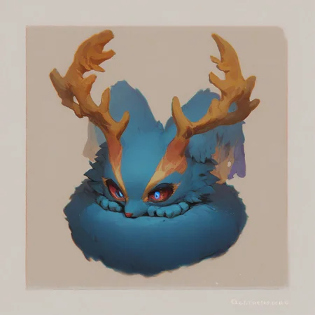 score_9, score_8_up, score_7_up, score_6_up, Fecto Elfilis, blue fur, multicolored eyes, head wings, antlers, yellow fur, colored sclera, fluffy tail