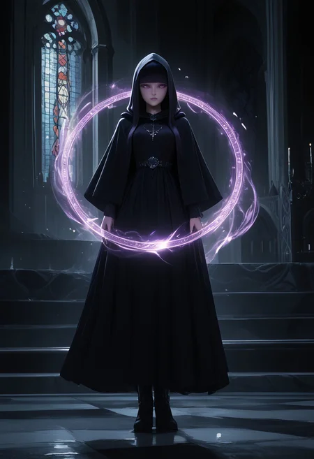 score_9, score_8_up, score_7_up, score_6_up, k9r0, Darmagmb, very aesthetic, detailed face, full body, BREAK 1girl, 25 years old, dark aura, casting spell, magical, purple spell, purple magic, Spell rings, purple aura, dark aura, purple magic circles, cute face, purple eyes, skinny body, black hair, blunt bangs, hime cut, black dress, long dress, long sleeves, hood, cloak, boots BREAK indoors, old castle, hall with artifacts, old books,