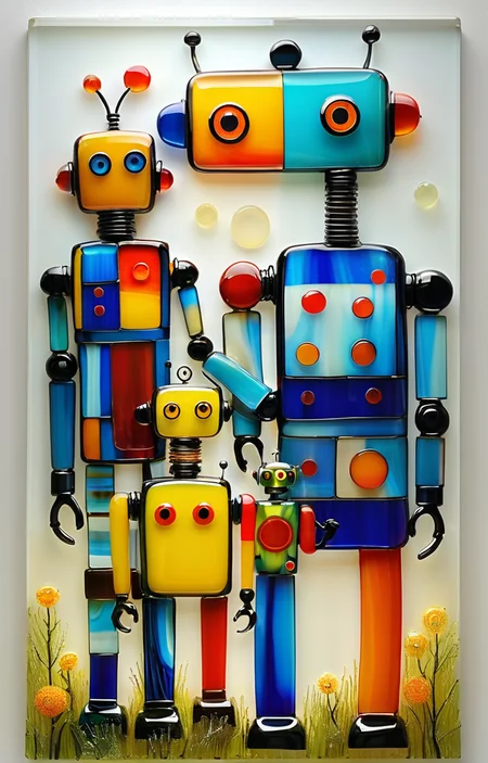 masterpiece,best quality,<lora:tbh372-sdxl:0.6>,illustration,style of Fused glass portrait of Housework robots