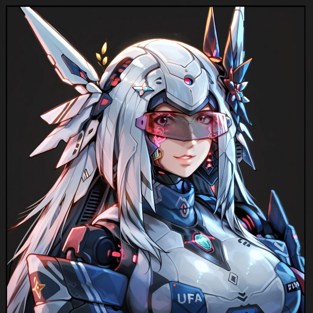 uaf-character, |||, breasts, humanoid robot, mecha musume, medium breasts, silver hair ornament, uaf_neuko, upper body, glowing, android, visor, smile, black border, uaf-portrait, robot girl, robot, uaf_redblue_backlight, parted lips, solo, uaf_red_blue_ilumination, helmet, simple background, 1girl, 80swa, Expressiveh, score_9,score_8_up,score_7_up, 20 years old, 8k, hd, beautiful korean girl, , ultra realistic, hyper realistic, detailed face, natural huge breasts, beautiful woman's face, <LoRA: uafPortraits-000110>, <LoRA: uaf Wt: 1>, pureerosface_v1, (PureErosFace_V1:0.8)