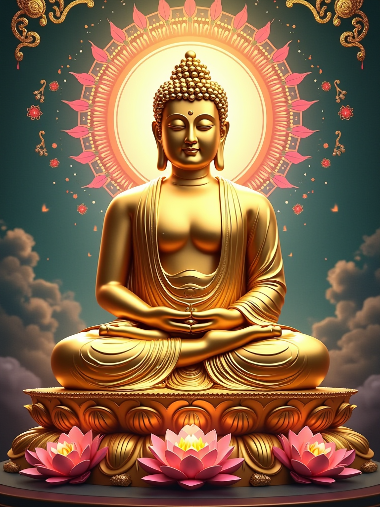 Revised Poster Design Concept: Golden Buddha Statue
Overall Style:

Luxurious and Serene with Vibrant Elements: The poster will showcase a Buddha statue made entirely of gold, emphasizing its metallic texture, but will now incorporate a colorful and intricate background to enhance visual appeal.
Buddha Statue Design:

Pose: The Buddha will remain in a classic seated pose, with a peaceful expression and gentle eyes, reflecting inner tranquility and wisdom.
Material Effect: The statue will have a smooth metallic finish, reflecting light to create a sense of opulence and divinity.
Background Design:

Colorful Aura: The background will feature a radiant, multi-colored aura surrounding the Buddha, reminiscent of traditional Buddhist art, incorporating shades of blue, pink, green, and yellow to symbolize enlightenment and positivity.
Complex Patterns: Integrate intricate mandala designs or swirling patterns in the background, adding depth and complexity to the overall visual.
Radiant Light:

Halo and Rays: Surrounding the Buddha, add a vibrant halo and dynamic rays of light in various colors, symbolizing wisdom and spirituality, enhancing the visual impact of the statue.
Text:
Additional Elements:
Lotus Patterns: Incorporate detailed lotus motifs at the base of the statue or within the background, symbolizing purity and awakening, with a gradient of colors to match the overall theme.
Delicate Decorations: Add subtle geometric patterns or ornate golden embellishments in the background to enhance the overall artistic feel and richness of the design.
Overall Effect:
This revised poster will blend wealth and spirituality through the luxurious golden Buddha statue while incorporating vibrant colors and intricate designs to create a more dynamic and captivating visual.  The colorful background and light effects will evoke a sacred atmosphere, while the text at the bottom reinforces the theme of prosperity.  The overall design will not only attract viewers' attention but also inspire contemplation and a sense of awe.