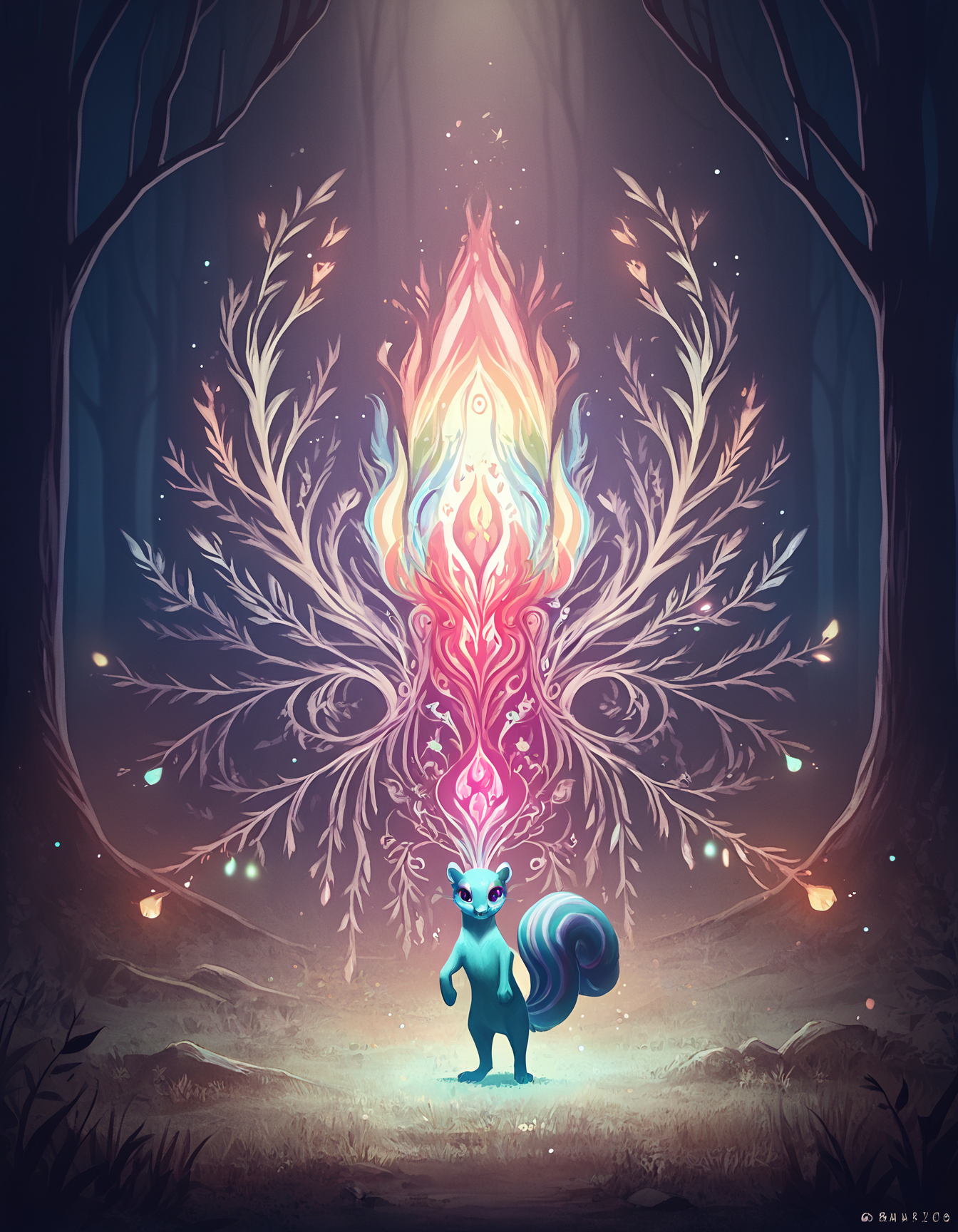 score_9, score_8_up, score_7_up, detailed BREAK abstract, squirrel, full body, solo, rainbow falls, rainbow lights, rainbow colors, magical forest,vibrant, bright colors, high contrast, spirit flame, masterpiece,bright colors,high contrast,vivid lighting, overgrown, <lora:PonySpiritAnimals:0.5>