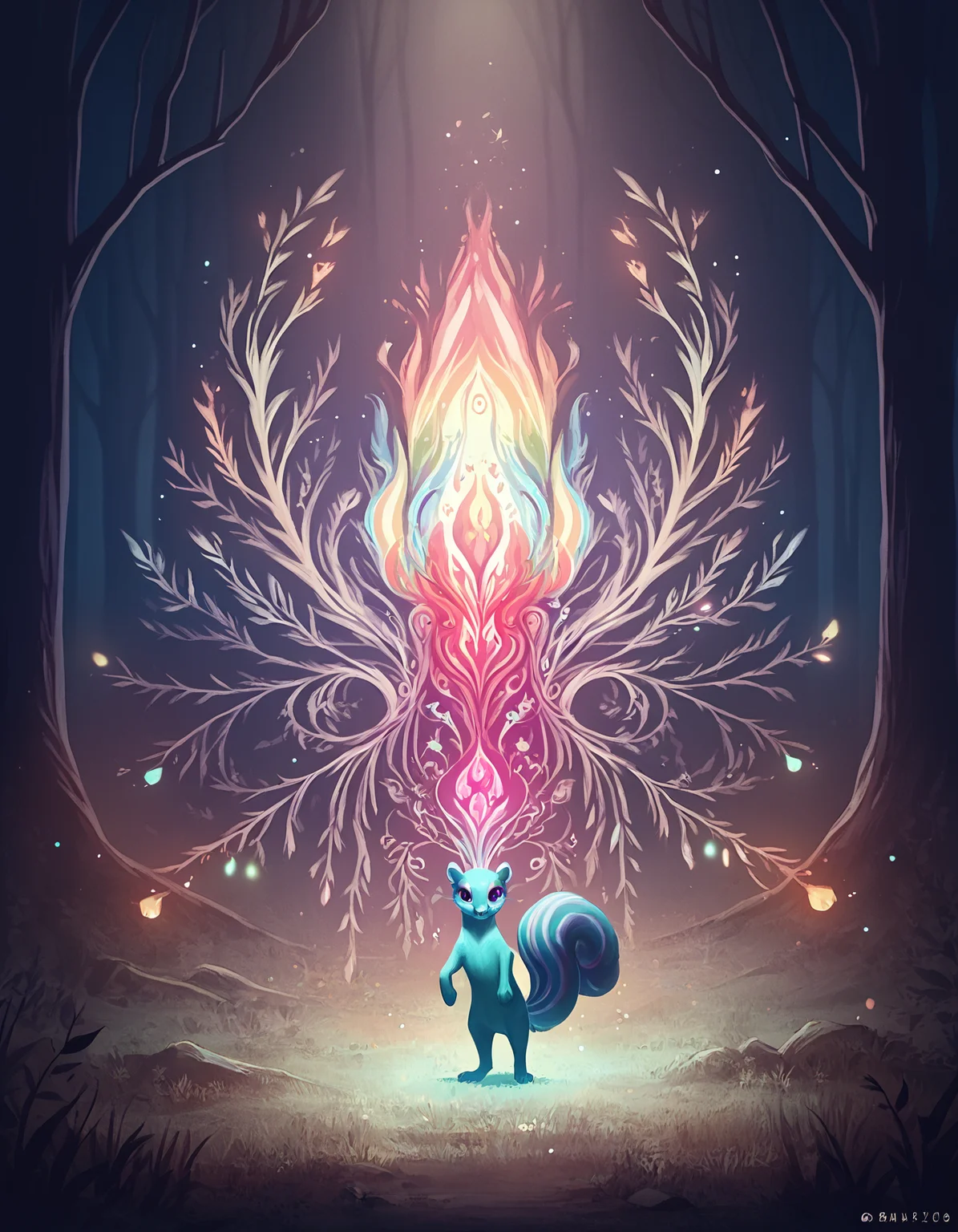 score_9, score_8_up, score_7_up, detailed BREAK abstract, squirrel, full body, solo, rainbow falls, rainbow lights, rainbow colors, magical forest,vibrant, bright colors, high contrast, spirit flame, masterpiece,bright colors,high contrast,vivid lighting, overgrown, <lora:PonySpiritAnimals:0.5>