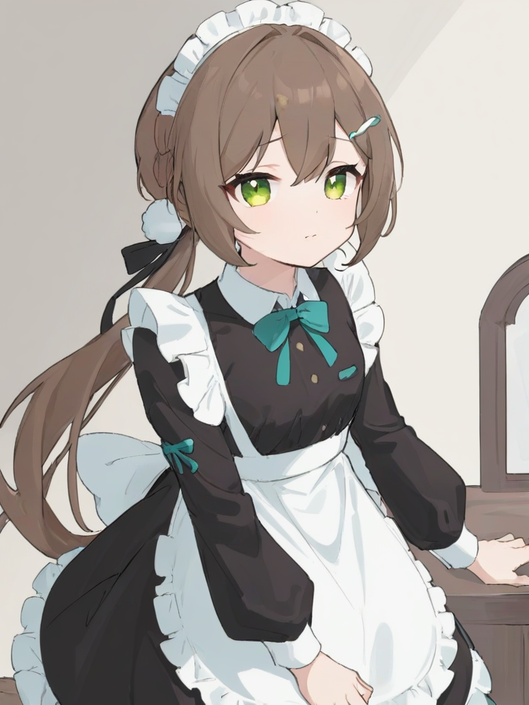 <lora:XL_qingque girl2:1>,qingque girl,green eyes,brown hair,cascadelle\(hairstyle)\,maid,