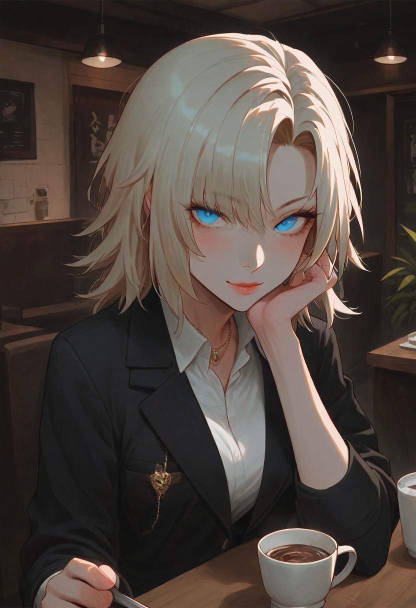 score_9, score_8_up, score_7_up, score_6_up, zPDXL3, Elena, sitting in a cafe, across table, a cup of coffee, one arm on chin, looking at viewer, smile, upper body, business suit, Expressiveh, dark room, at night, dark out side,