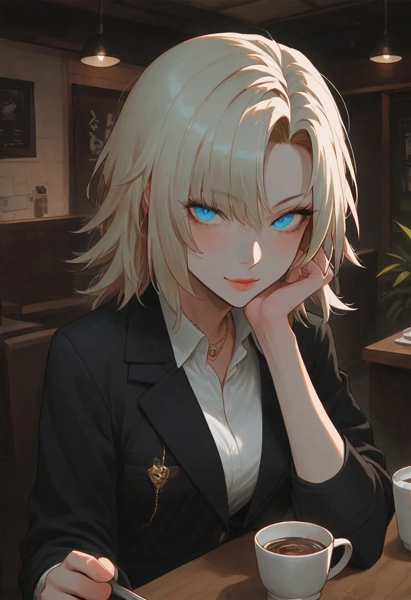 score_9, score_8_up, score_7_up, score_6_up, zPDXL3, Elena, sitting in a cafe, across table, a cup of coffee, one arm on chin, looking at viewer, smile, upper body, business suit, Expressiveh, dark room, at night, dark out side,