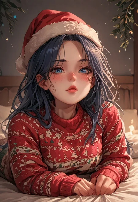 score_9, score_8_up, score_7_up, detailed, christmas_sweater, starry sky, cute girl, blushing, (freckles:1.2), dark blue hair, long hair, blue eyes, santa cap, sexy tight christmas sweater crop top, stylish lighting, prone pose on a bed, (low waist green  leggings:1.2), large breasts, hotglossed pink lips, shirt over head, undressing