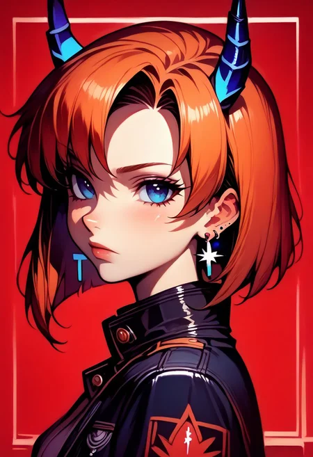 score_9, score_8_up, score_7_up, Goth girl, goth girl 1girl, 1girl,solo,rena ryuuguu, orange hair, short hair, blue eyes,looking at viewer,jewelry,closed mouth,jacket,upper body,earrings,horns,from side,black jacket,piercing,border,ear piercing,red background, <lora:[GP] somethingweird [Pony XL]:0.2>, <lora:g0th1cPXL:0.3>, <lora:Concept Art Twilight Style SDXL_LoRA_Pony Diffusion V6 XL:0.8>,   <lora:Goth_girl_XL-v2:0.8>