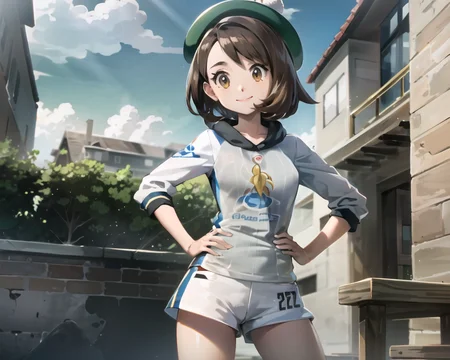 masterpiece, best quality, absurdres, perfect antomy ,1girl, solo, standing, cowboy shot,  <lora:gloria_v2:0.9>, gloria \(pokemon\), smile, shorts, bricks city, short hair, octane render, big eyes,  <lora:beautifulDetailedEyes:0.7>,brown eyes, tam o' shanter, ,  hands on hips, raised eyebrows, brown hair,