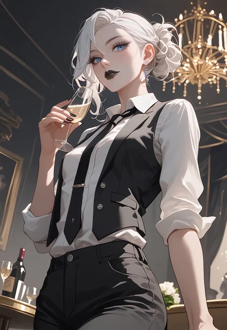 safe_pos, score_9, score_8_up, score_7_up, score_9, score_8_up, score_8, masterpiece, best quality, (((perspective, dynamic pose))), BREAK, detailed background, elegant party, black and white tie party, night, interior, BREAK, (((1girl, pale skin, blue eyes, small breasts, 34 years old))), (((white hair, shoulder length, hair tucked behind ear, side part))), (((white button-up shirt, black tie, black vest, black pants, sleeves rolled up))), holding champagne, no smile, (((black lipstick))), eyeliner, black eye shadow, black nail polish,