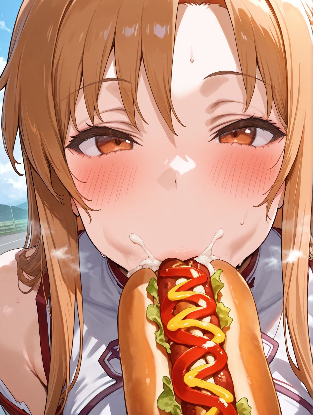 masterpiece,best quality,amazing quality,very aesthetic,absurdres,newest, huge filesize,
<lora:spo_sdxl_10ep_4k-data_lora_webui:0.5>,
<lora:add-detail-xl:1>
<lora:Eating_a_hotdog:0.7>
pov,front view,cum in mouth,cumdrip, 
Eating a hotdog,
1girl,food,solo,
hot dog,blush,
sexually suggestive,
sweat,
seductive,
sexy,
food play,
asuna \(sao\),