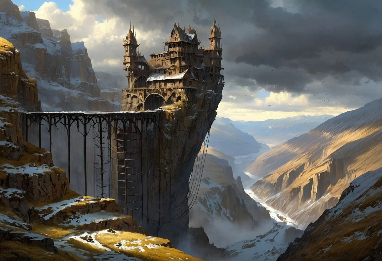 There is a steep metal structure still built into the wall of the chasm around which several abandoned skyships are still docked. The gorge is bottomless and the scene gives an air of vertigo and that the structures are desperately clinging on. Just cold desolation under a stormy sky. The snow here contrasts sharply with the black rock of the cliffs that line this valley, (Highest quality:1.0),(High resolution:1.0), (masterpiece:1.0), (overview:0.6), beautiful and aesthetic:1.3), extreme detailed, colorful, highest detailed,((ultra-detailed)),(highly detailed CG illustration),((Gloomy and Dark Atmosphere)),,