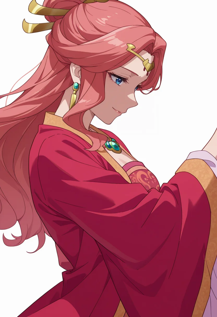 Smooth Quality,masterpiece,very intricate, high quality details, ultra realistic, high detailed skin,detailed enviorement,absurdres,
simple background, white background,solo,
from side,rape face,dancing, 
<lora:Gyokuyou_CNR:0.8> gyokuyou_cnr, 1girl, red hair, pink hair, blue eyes, long hair,chinese clothes, dress, long sleeves, wide sleeves,earrings, necklace, jewelry