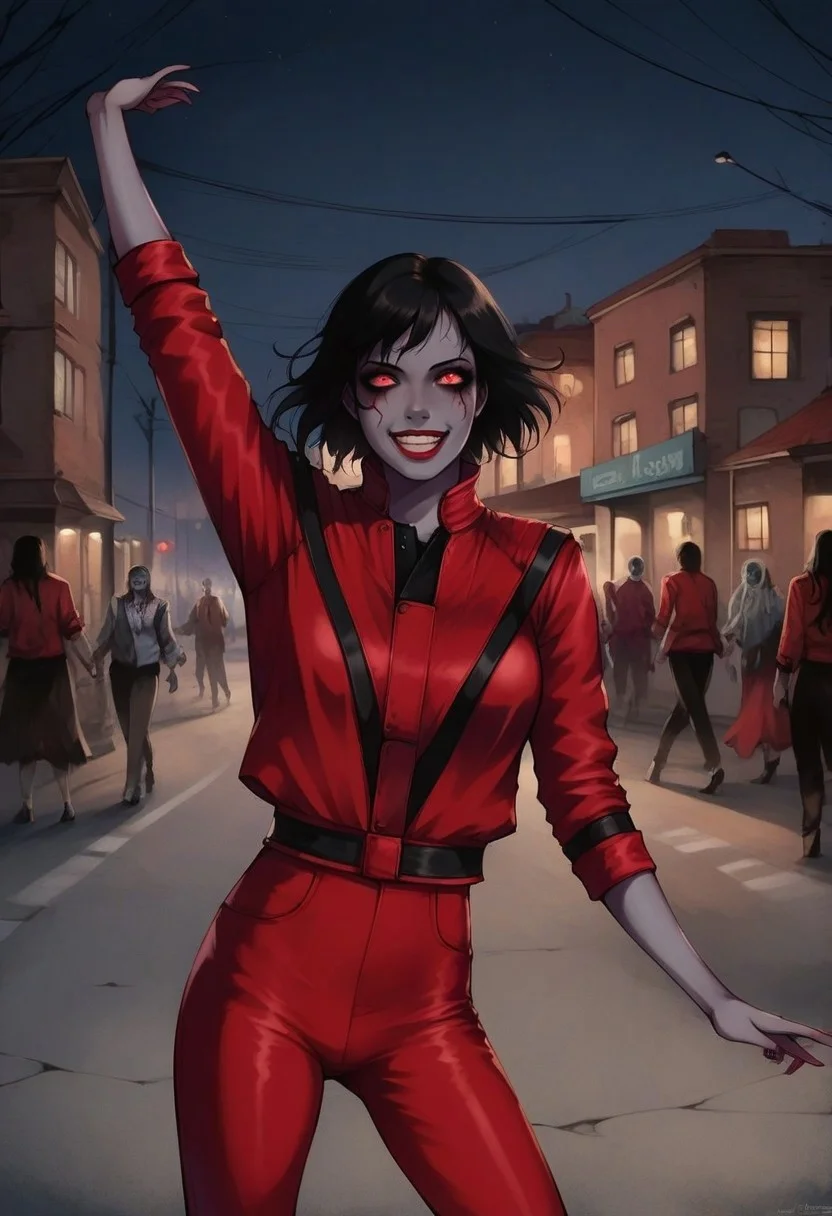 score_9, score_8_up, score_7_up, detailed face, leather jacket, red jacket, red pants, 1girl, solo, thr1llerz, street, night, zombie, cowboy shot, grey skin, black hair, short hair, sinozick style, flat color, dark theme, rolled sleeves, dancing, looking at viewer, smile,