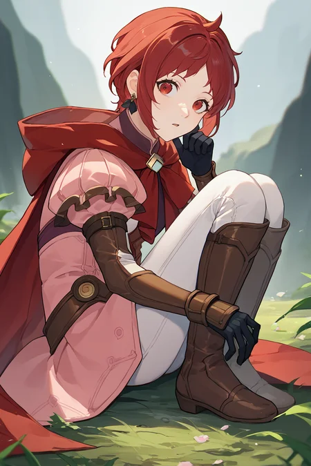 score_9, score_8_up, score_7_up, score_6_up, source_anime BREAK 1girl, solo, <lora:femonica-pdxl-nvwls-v1-000005:1> hopesMonica, red hair, red eyes, short hair, earrings, red cape, pink dress, puffy sleeves, bracers, black gloves, white pants, brown boots, sitting on the ground, from side, knees up, looking at you, chestnut mouth