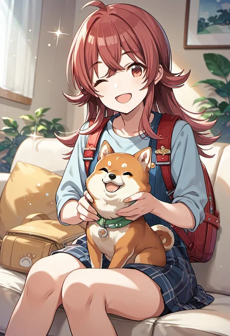 score_9, score_8_up, score_7_up, source_anime,komiya kaho, red hair, long hair, red eyes, 1girl, dog, one eye closed, shiba inu, smile, couch, sitting, indoors, sparkle, backpack, ahoge, open mouth, solo, bag