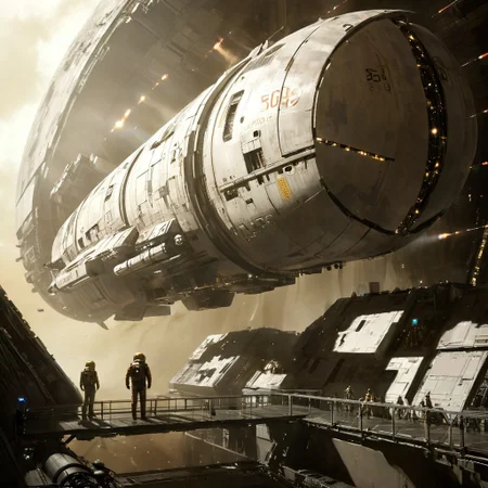 ((fisheye lens effect, immersive cinematic concept-art, ultra-detailed hyperrealism)), "piloting your personal shuttle into the enormity of the cylindrical space habitat was always a bit of a surreal experience, gazing up out of the cockpit to watch the slow rotation of the humongous cylinder turn around you, [it almost feels flying into the mouth of some giant mechanical beast], and seeing all the twinkling lights of the various apartments, shops, and the various spacecraft repair bays that lined the curvature of the vast cylinder made you wonder just how many people lived on this habitat, it had to be millions at least, making their living inside this bastion  against the cold reaches of hard vacuum space."