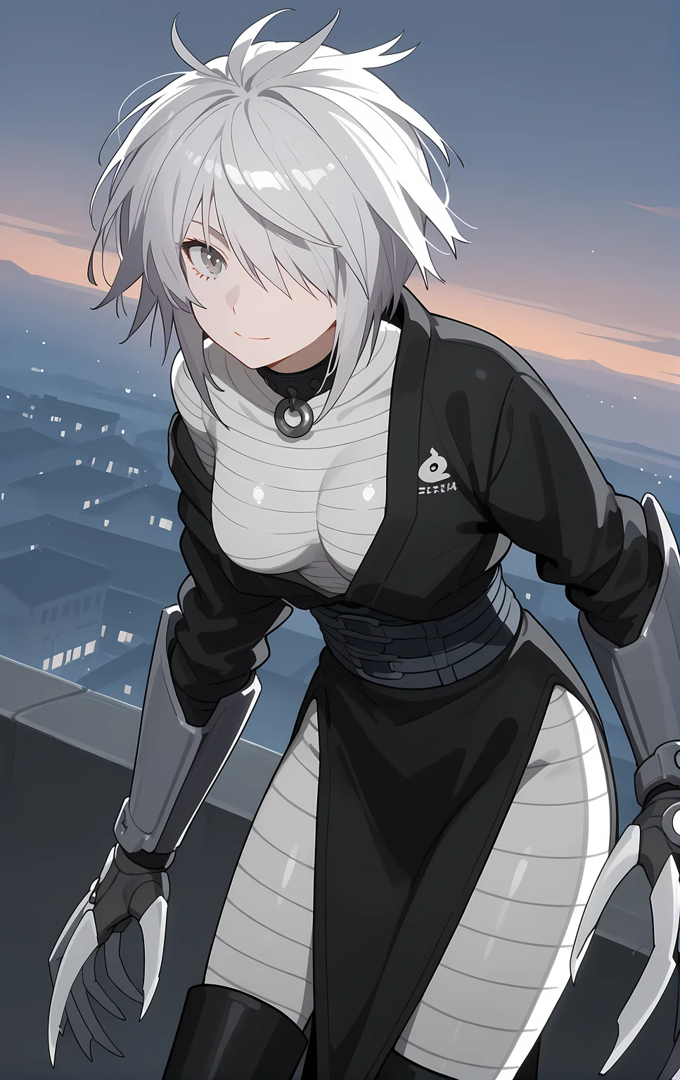 (score_9, score_8_up, score_7_up), standing, leaning forward, looking at viewer, light smile, closed mouth, shiny skin, tight clothes,
ohwx, 1girl, solo, solo_focus, breasts, medium_breasts, hair_over_one_eye, short_hair, white_hair, grey_hair, grey_eyes,
bandages, claw_\(weapon\), claws, torn_clothes, japanese_clothes, choker, sarashi, belt, scar, sash, boots, gauntlets, spikes, long_sleeves,
rooftop, post-apocalypse, dusk,
cowboy shot, dutch angle, close-up,
<lora:haihane_pony_ss:1>