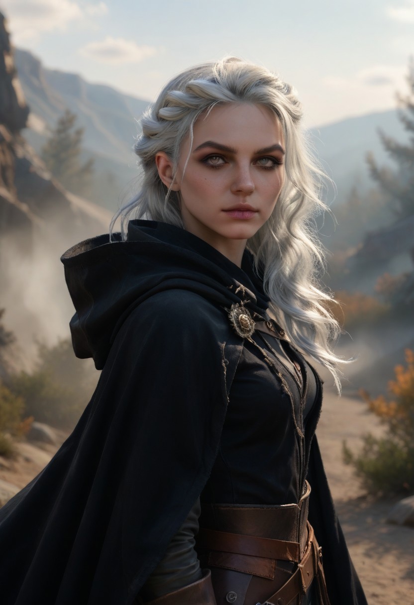 Masterpiece, score_9, score_8_up, detailed, ultra high-resolution, rogue human female, (velvet shimmering black cloak), ragged black commoner peasant clothing, thief, single French braid, white hair, 19 years old, comfortable, shady spot, wasteland background, perfect lighting, epic scene, magical, enchanting, captivating, alluring, intense, fantasy world, dramatic shadows, dynamic pose, fantasy armor accents, glowing magical aura, looking at viewer