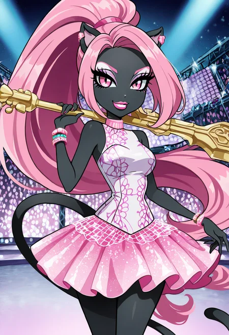 masterpiece, best quality, solo, curvy, beautiful eyes, narrow waist, wide hips, 1girl, solo, smile, looking at viewer, foreshortening, close up, anime screenshot, ,<lora:CattyNoirMH_IXL:0.9>, zzCattyNoir, pink eyes, pink eyeshadow, long hair, pink hair, ponytail, tail, very long hair, black skin, cat ears, cat tail, makeup, sleeveless, pink skirt, idol, jewelry, eyeshadow, high heels, lipstick, C0utur3Cr4z3, <lora:CoutureCraze_IXL:0.6>,over the shoulder, cowboy shot, smirk, looking back, looking at viewer,
